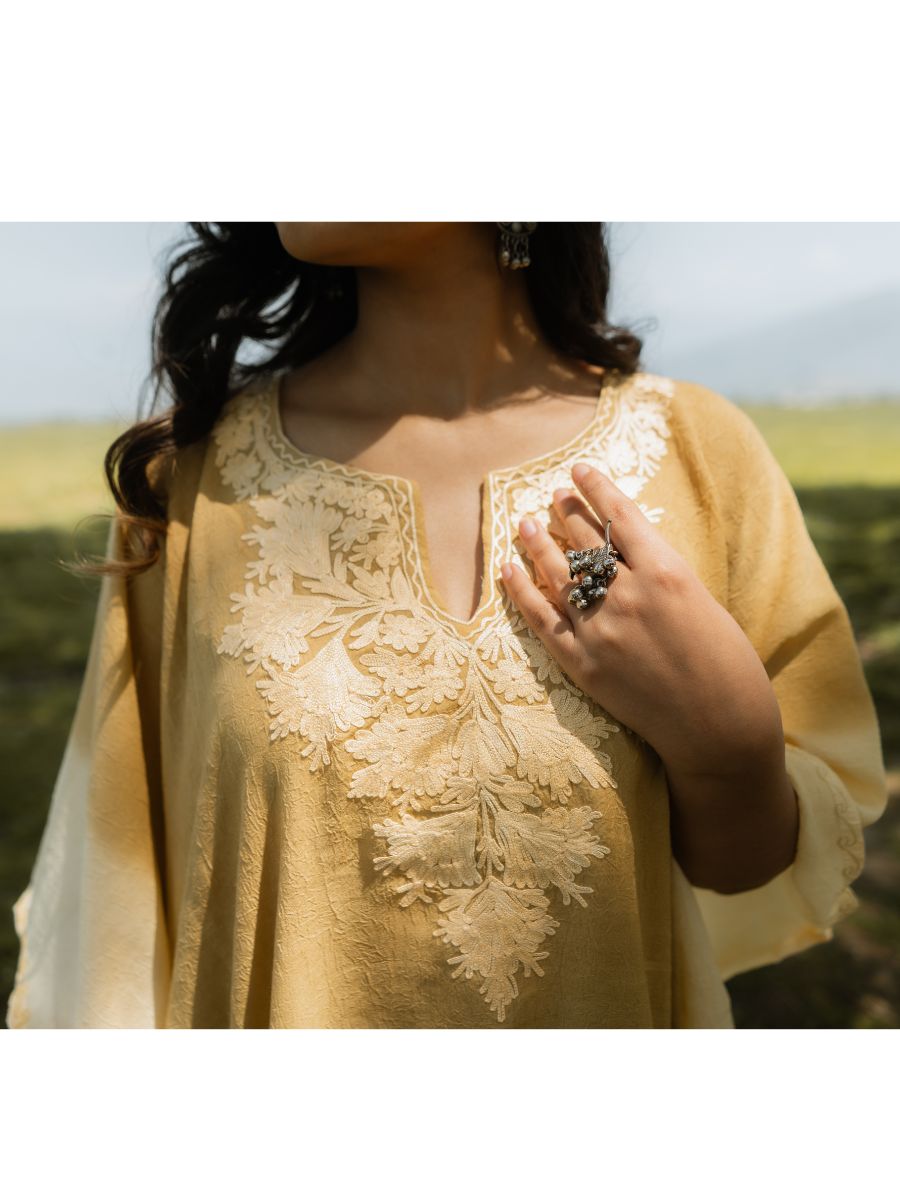 Sunbeam Gold Cotton Kaftan with Ivory Aari Embroidery - KaarKash